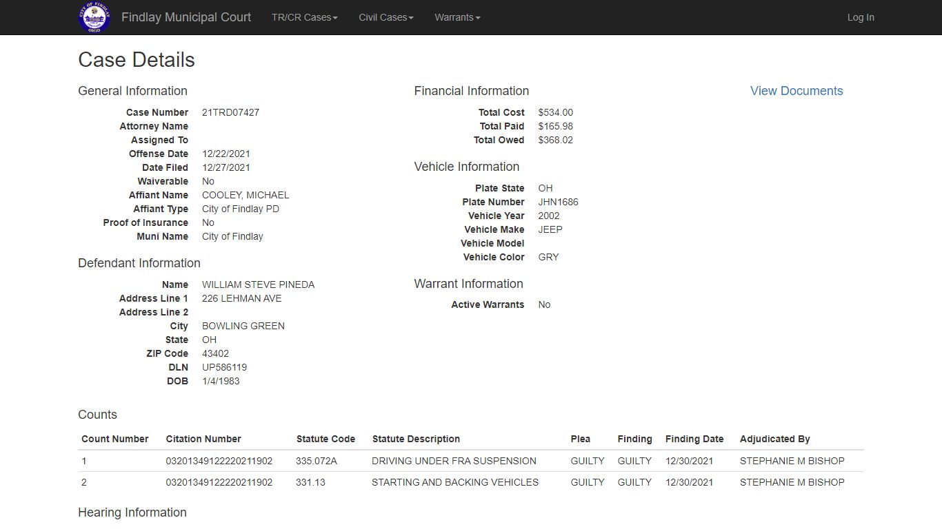 Findlay Municipal Court - Case Details